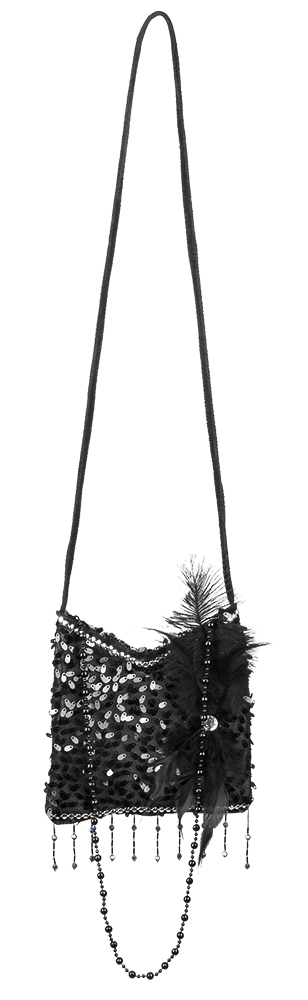 Retro kabelka Charleston, černá flitrová s peříčky
