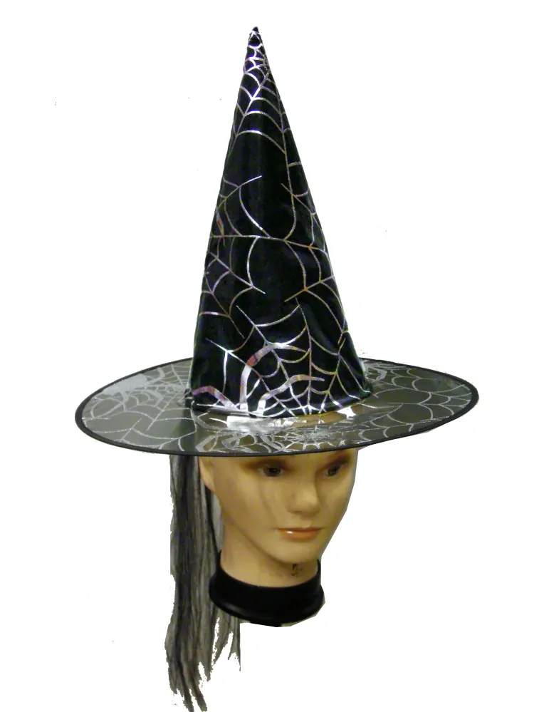 Čarodějnický klobouk černo stříbrný s pavouky a vlasy