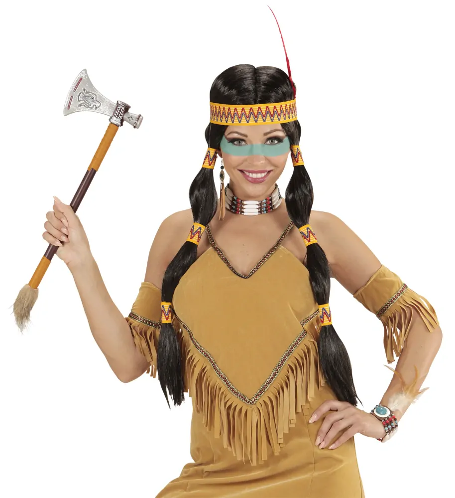 Černá paruka indiánky s culíky a čelenkou 	