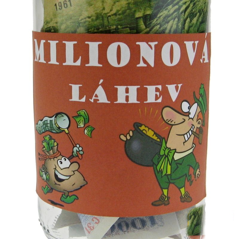 Dárková láhev s penězi a vtipným nápisem.Milionová láhev
