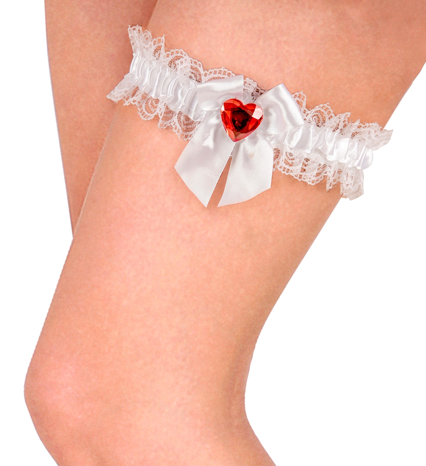 Podvazek bílý s červeným kamenem