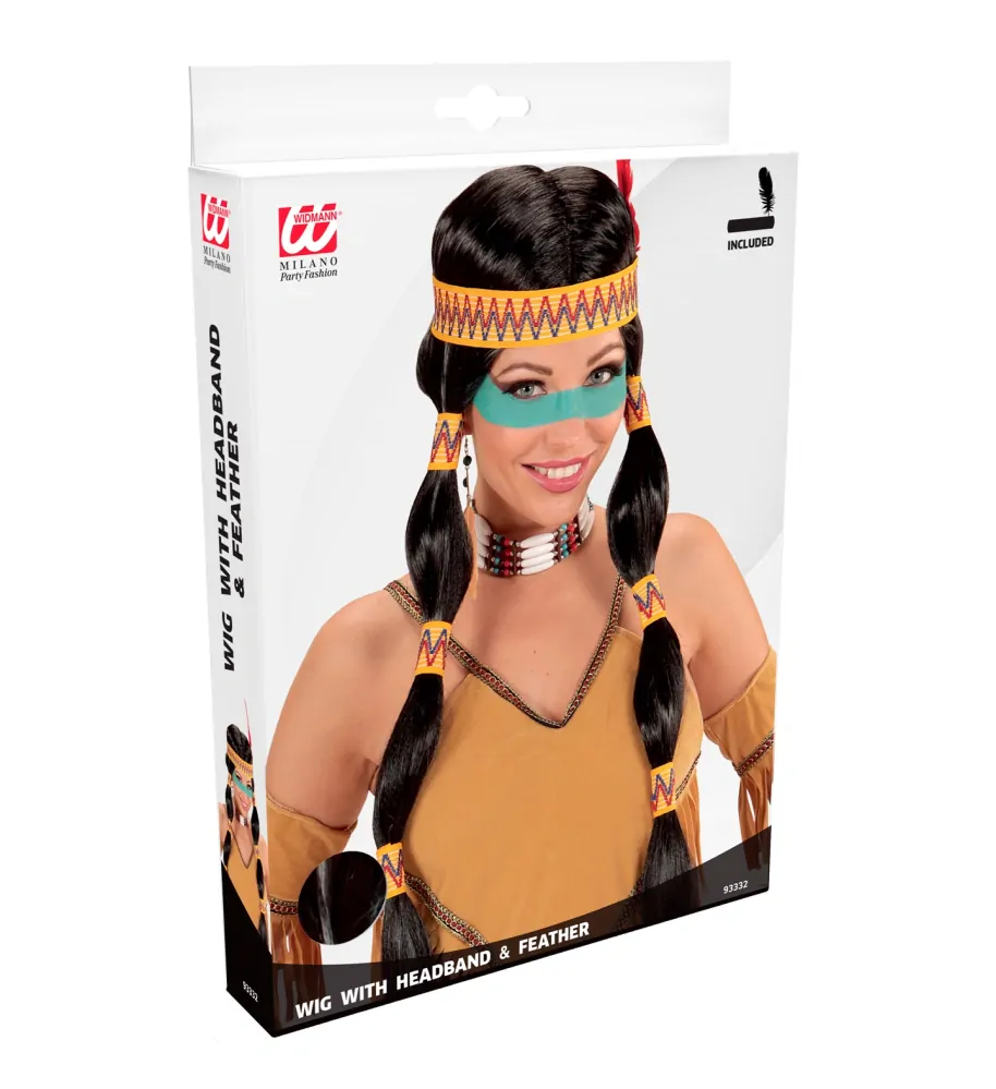 Černá paruka indiánky s culíky a čelenkou 	